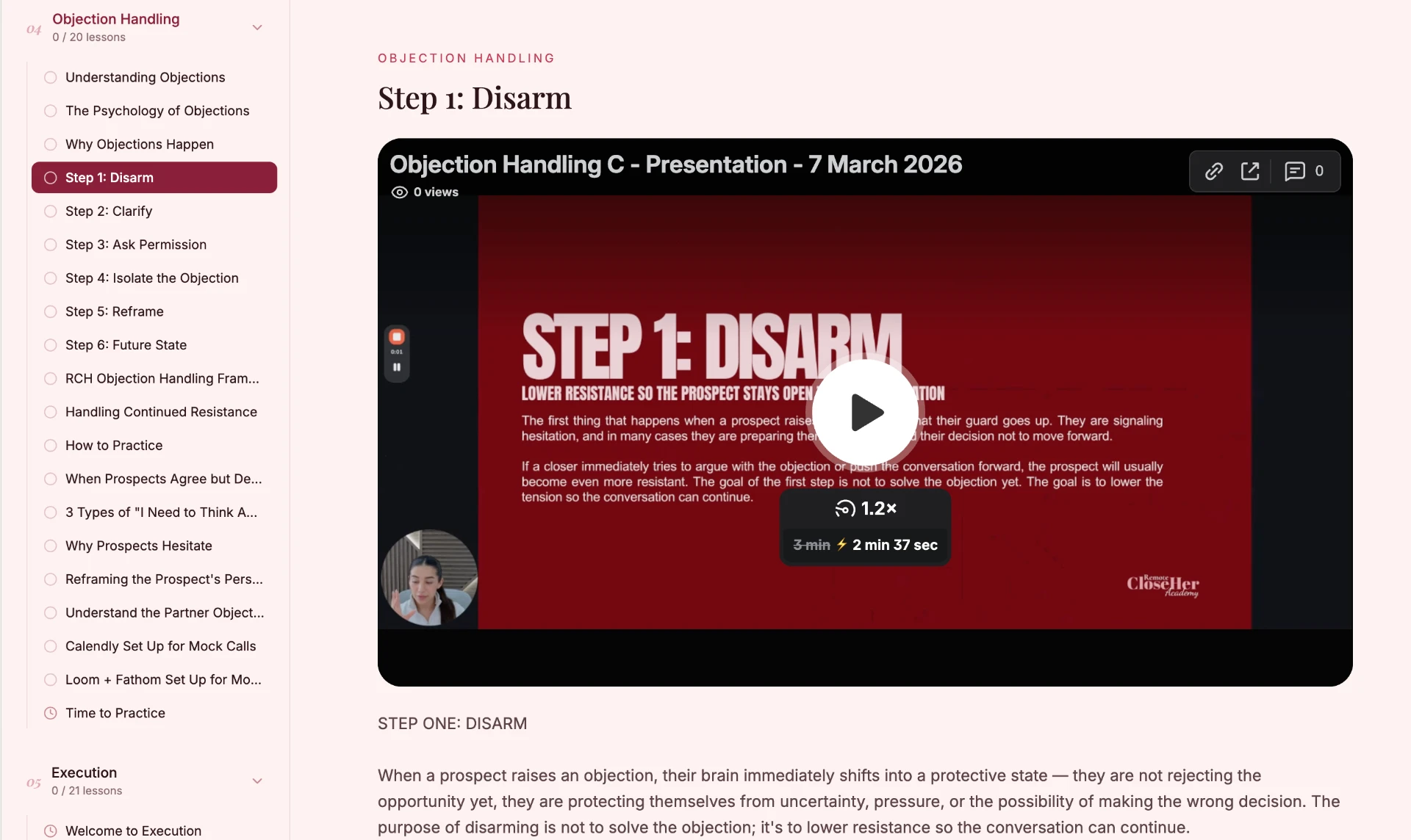 Objection handling module lesson: step one, disarm