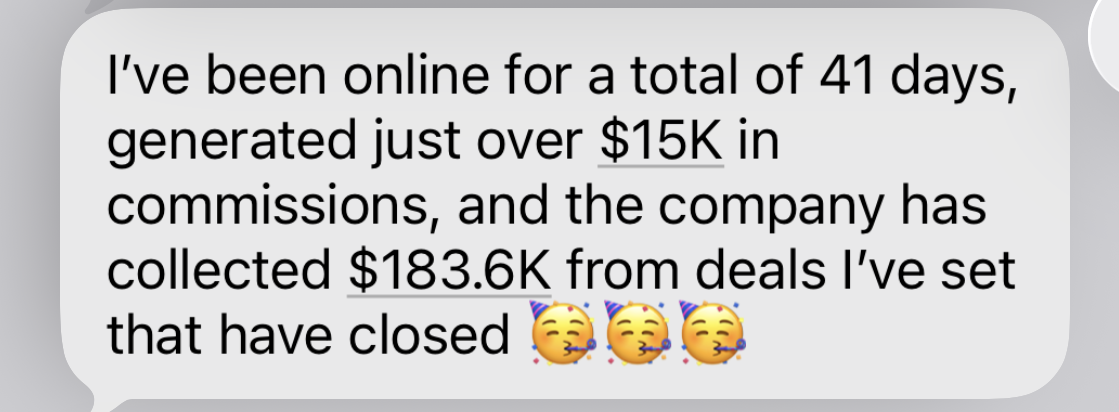 Message screenshot: 41 days online, over $15K in commissions