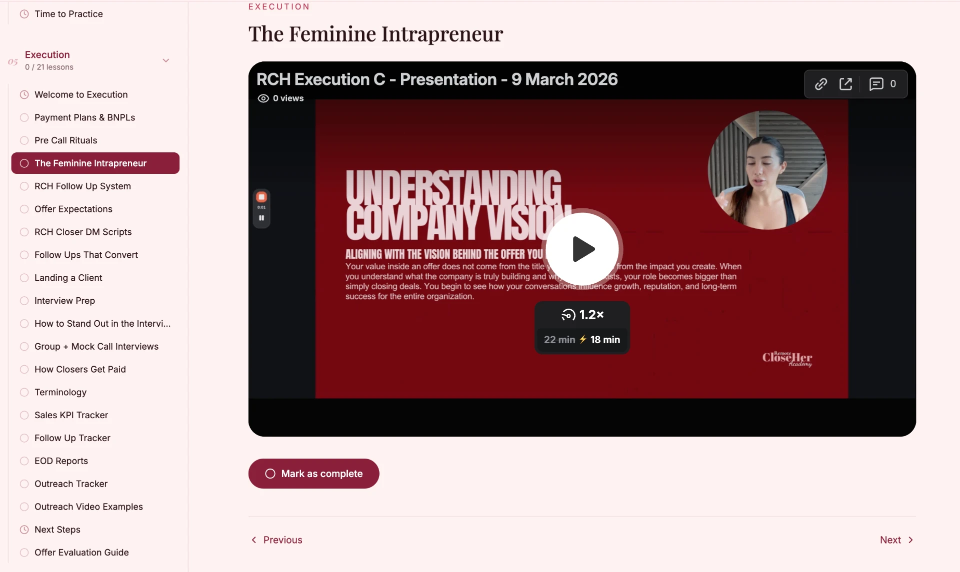 Execution module lesson inside the training portal